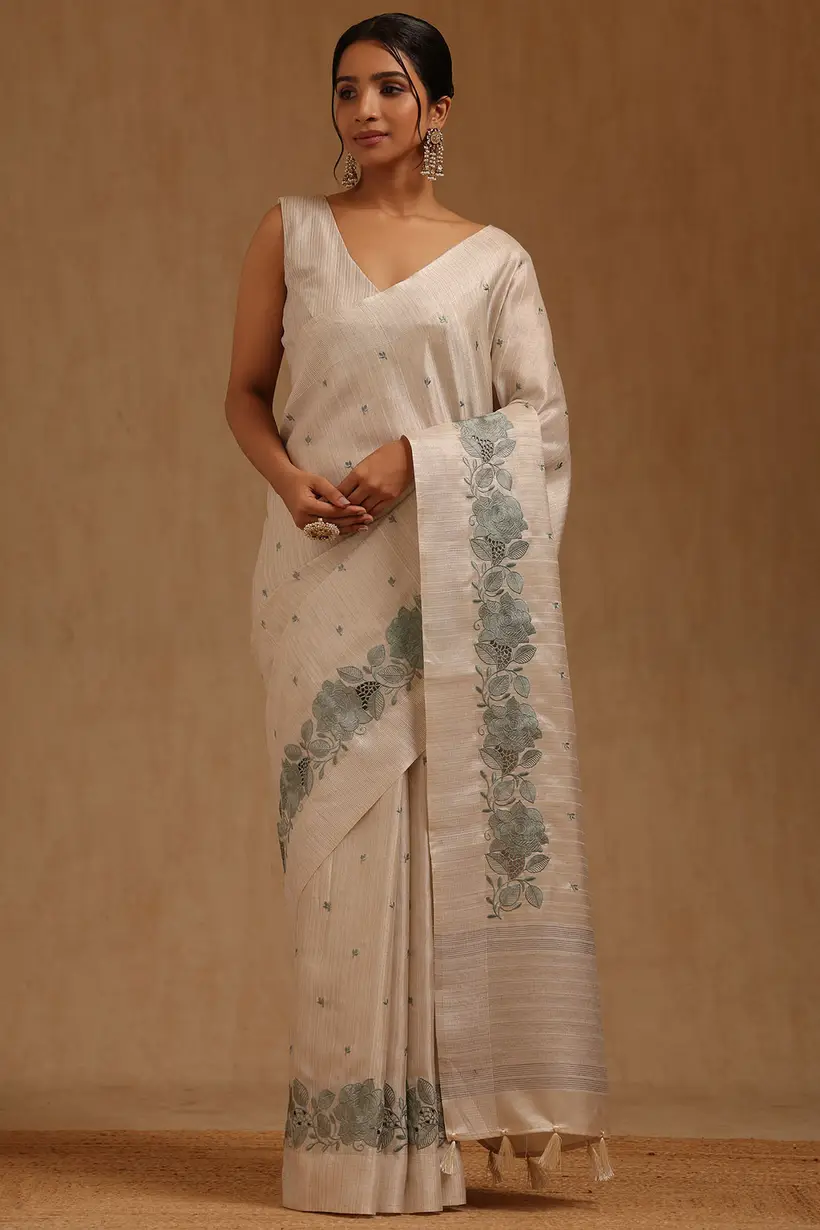 grey tussar embroidered saree with thread work